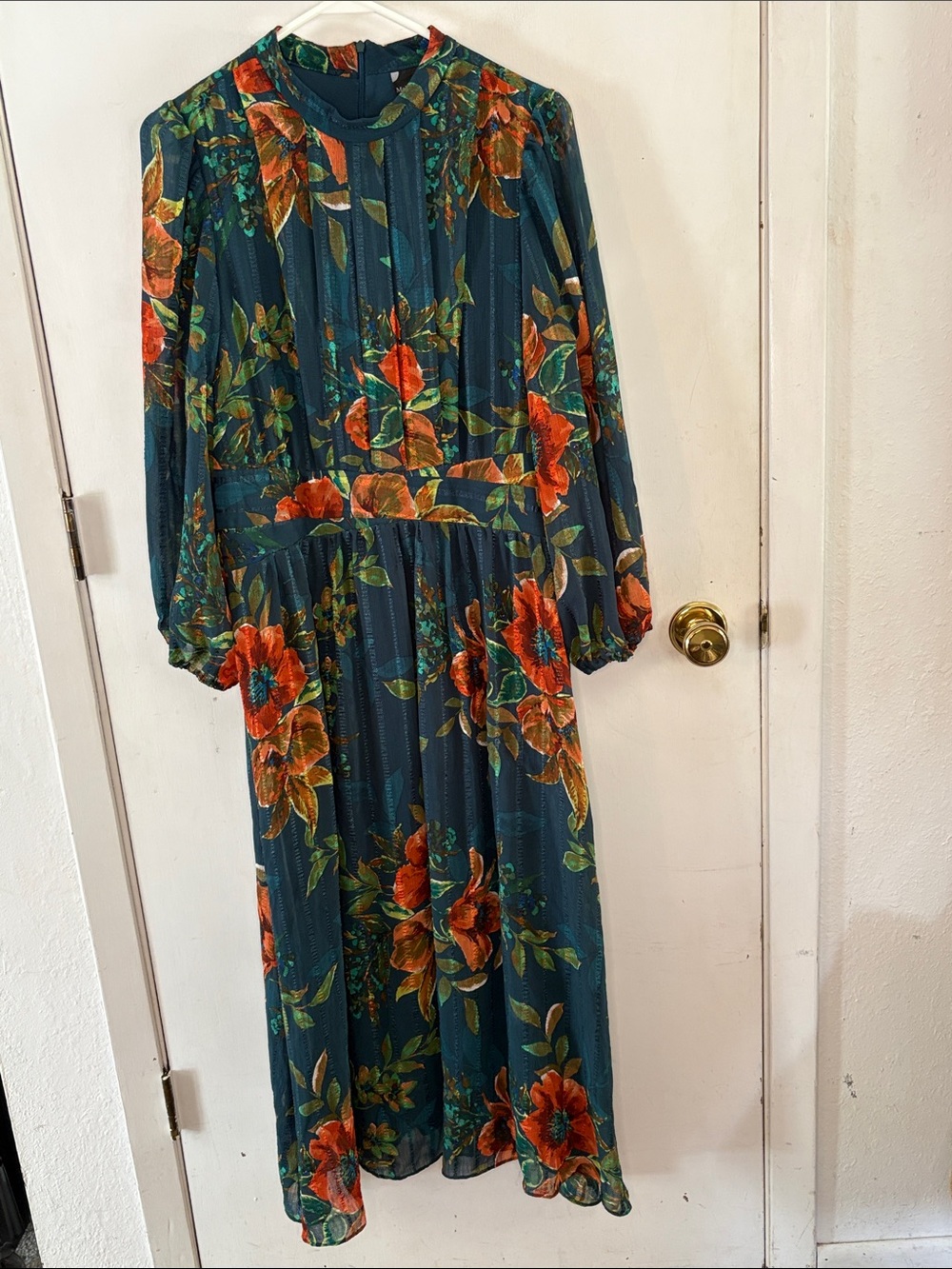 Maison Tara teal orange floral print pleated long sleeve midi dress Size 16